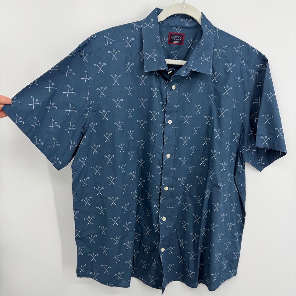 UNTUCKit men's blue short-sleeve button-down shirt with a golf club pattern‎ XXL